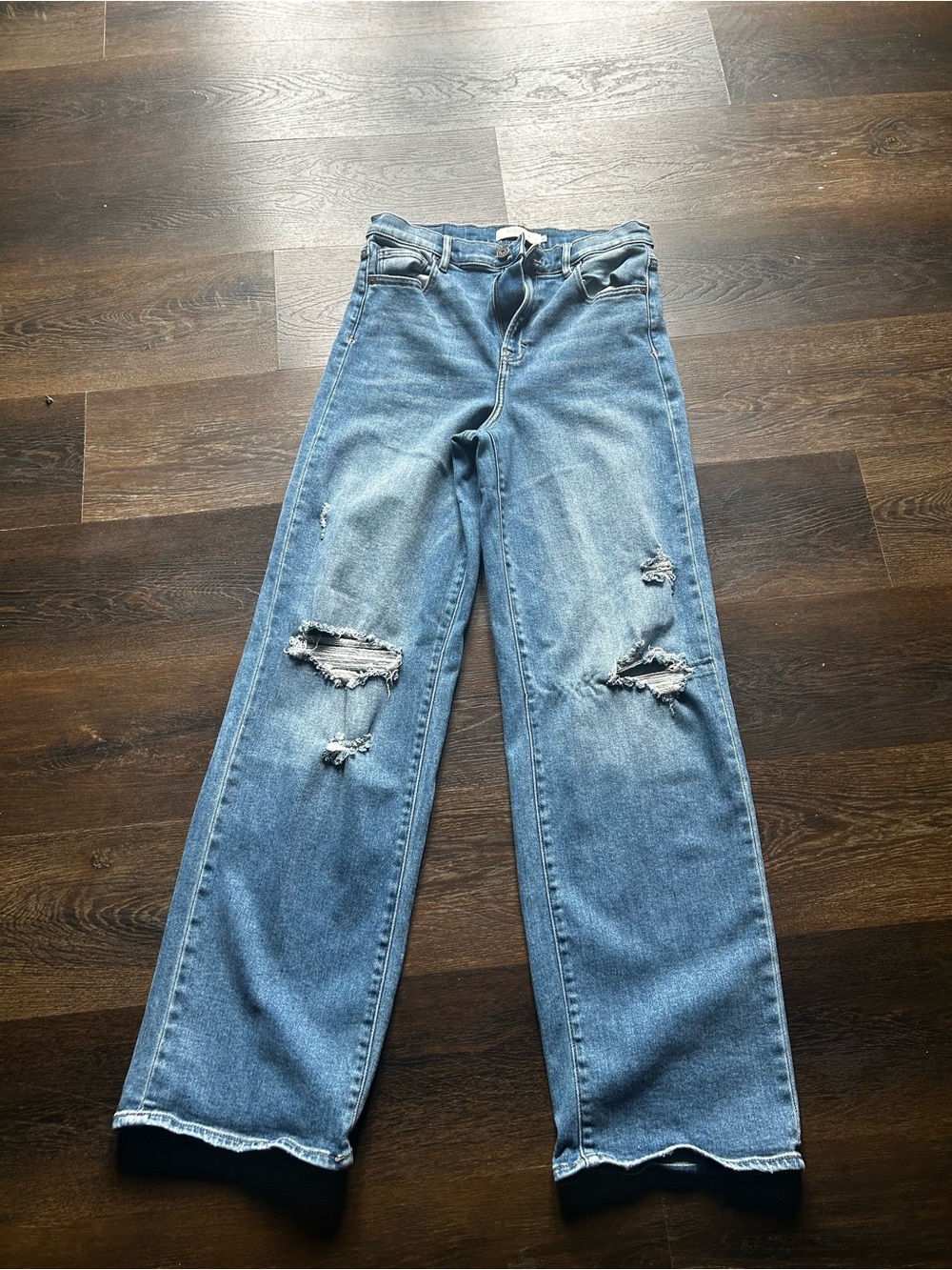 High-Rise Wide Leg Distressed Jeans - Blue